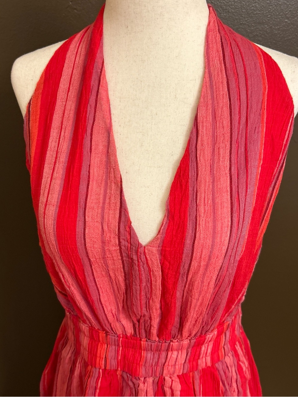 Amaryllis Red and Pink Striped Halter Maxi